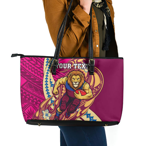 Personalized Brisbane Lions Leather Tote Bag Polynesian Tribal Lion Mascot With Hibiscus Floral Art
