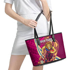 Personalized Brisbane Lions Leather Tote Bag Polynesian Tribal Lion Mascot With Hibiscus Floral Art