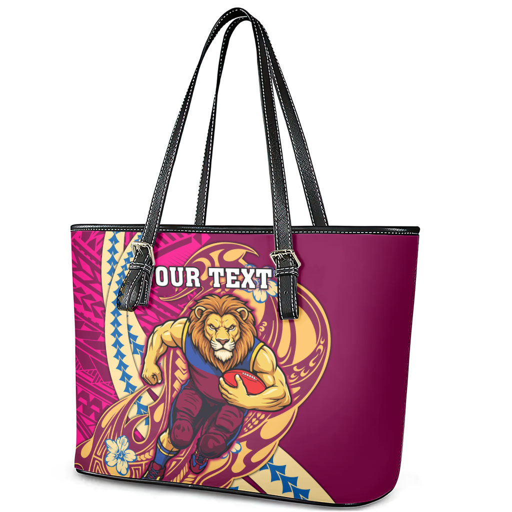 Personalized Brisbane Lions Leather Tote Bag Polynesian Tribal Lion Mascot With Hibiscus Floral Art