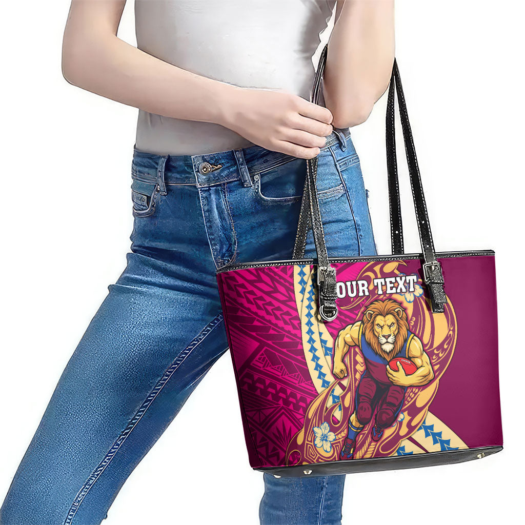 Personalized Brisbane Lions Leather Tote Bag Polynesian Tribal Lion Mascot With Hibiscus Floral Art