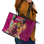 Personalized Brisbane Lions Leather Tote Bag Polynesian Tribal Lion Mascot With Hibiscus Floral Art