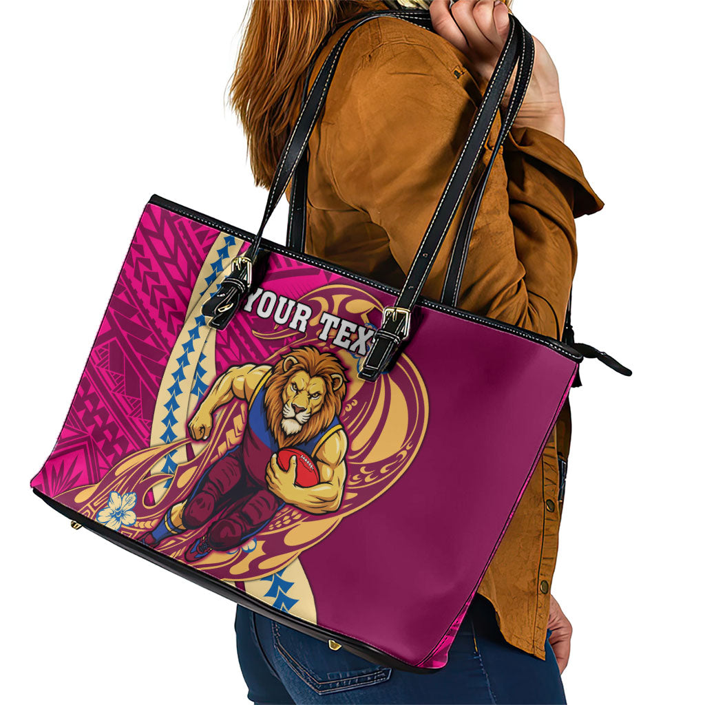 Personalized Brisbane Lions Leather Tote Bag Polynesian Tribal Lion Mascot With Hibiscus Floral Art