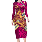 Personalized Brisbane Lions Long Sleeve Bodycon Dress Polynesian Tribal Lion Mascot With Hibiscus Floral Art