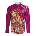 Personalized Brisbane Lions Long Sleeve Button Shirt Polynesian Tribal Lion Mascot With Hibiscus Floral Art