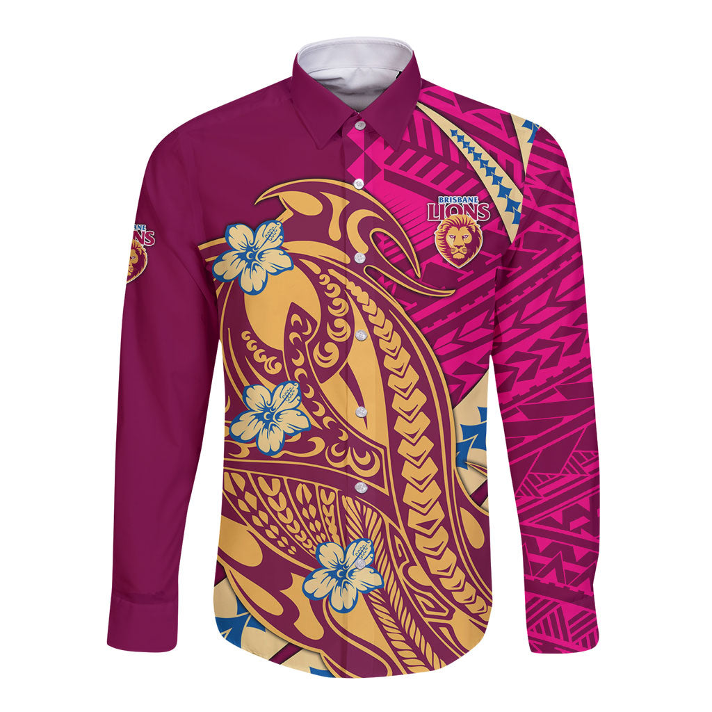 Personalized Brisbane Lions Long Sleeve Button Shirt Polynesian Tribal Lion Mascot With Hibiscus Floral Art