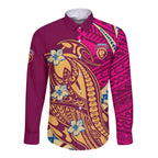 Personalized Brisbane Lions Long Sleeve Button Shirt Polynesian Tribal Lion Mascot With Hibiscus Floral Art