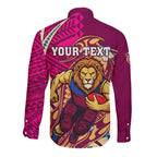 Personalized Brisbane Lions Long Sleeve Button Shirt Polynesian Tribal Lion Mascot With Hibiscus Floral Art