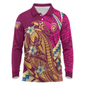 Personalized Brisbane Lions Long Sleeve Polo Shirt Polynesian Tribal Lion Mascot With Hibiscus Floral Art