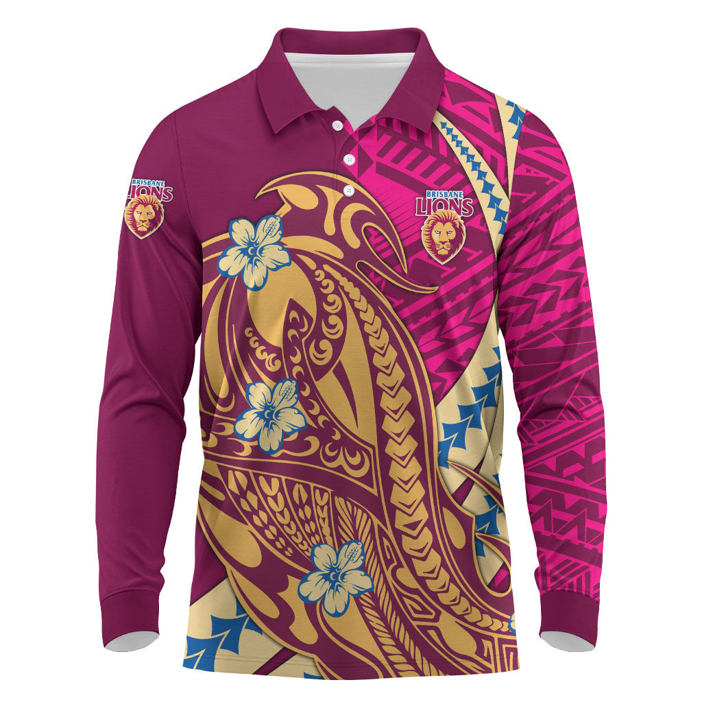 Personalized Brisbane Lions Long Sleeve Polo Shirt Polynesian Tribal Lion Mascot With Hibiscus Floral Art