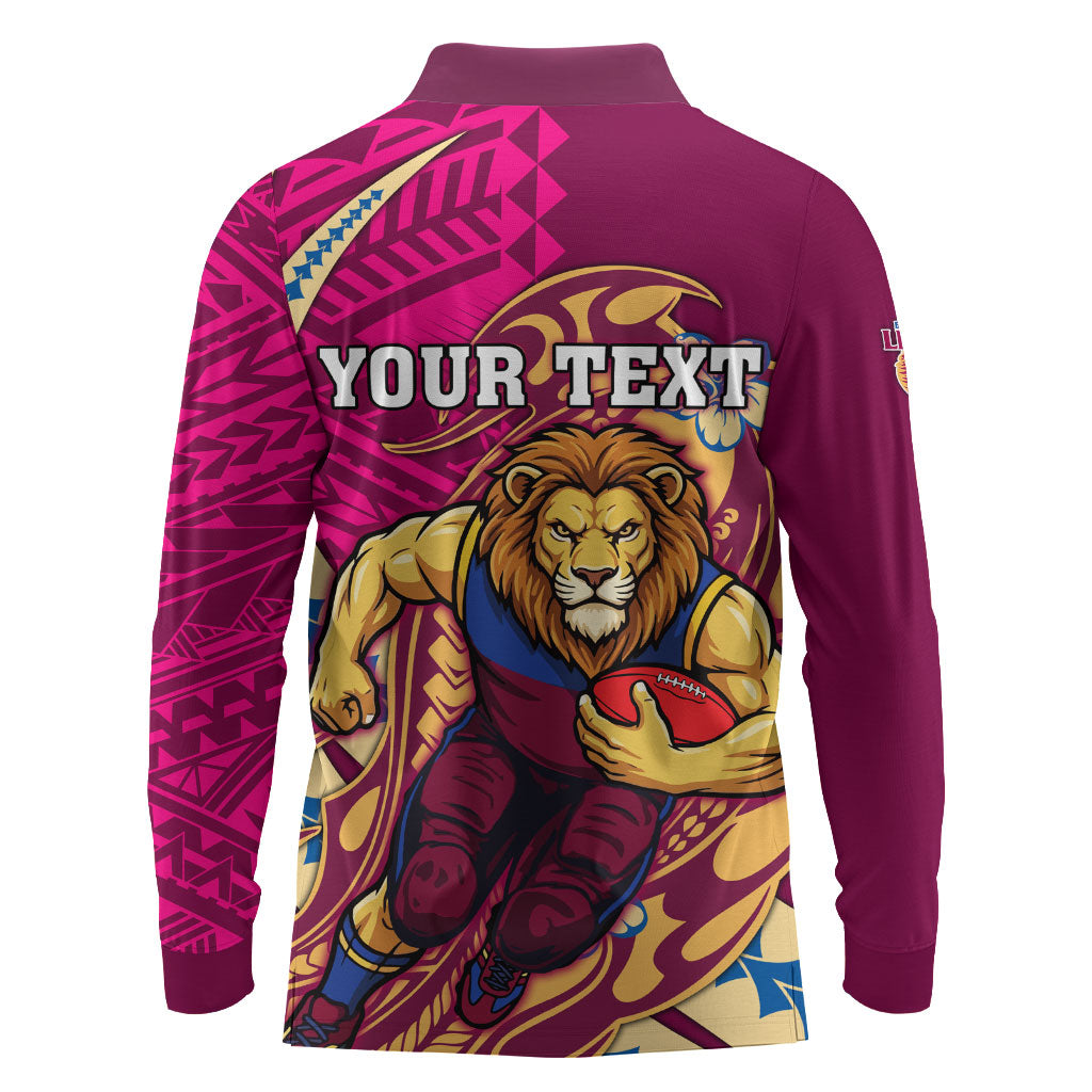 Personalized Brisbane Lions Long Sleeve Polo Shirt Polynesian Tribal Lion Mascot With Hibiscus Floral Art
