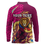 Personalized Brisbane Lions Long Sleeve Polo Shirt Polynesian Tribal Lion Mascot With Hibiscus Floral Art