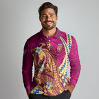 Personalized Brisbane Lions Long Sleeve Polo Shirt Polynesian Tribal Lion Mascot With Hibiscus Floral Art