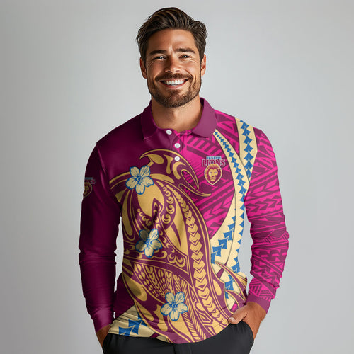 Personalized Brisbane Lions Long Sleeve Polo Shirt Polynesian Tribal Lion Mascot With Hibiscus Floral Art