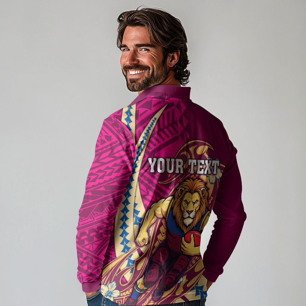 Personalized Brisbane Lions Long Sleeve Polo Shirt Polynesian Tribal Lion Mascot With Hibiscus Floral Art
