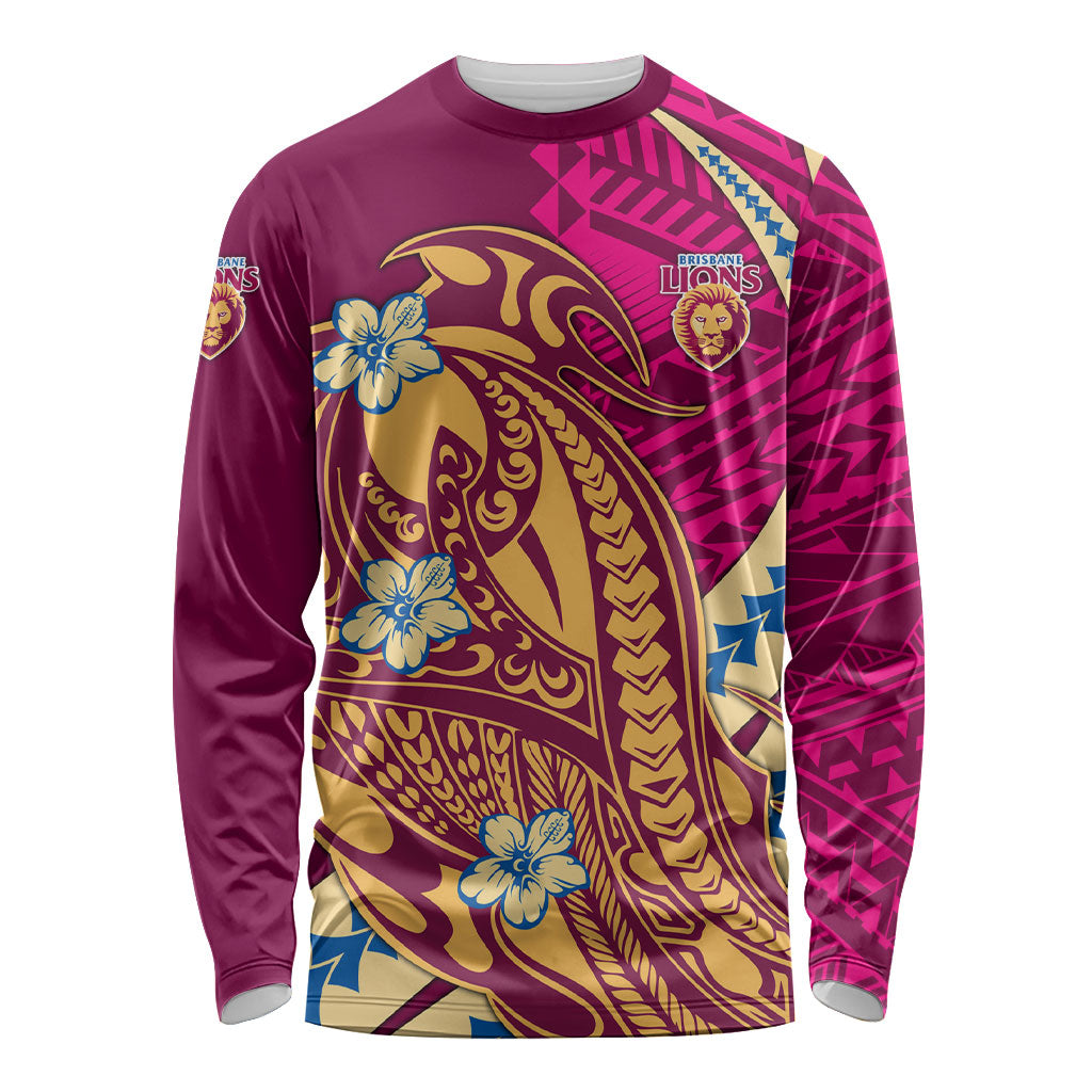 Personalized Brisbane Lions Long Sleeve Shirt Polynesian Tribal Lion Mascot With Hibiscus Floral Art