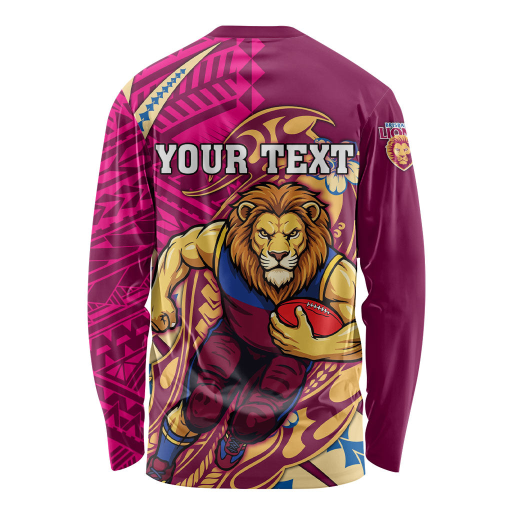 Personalized Brisbane Lions Long Sleeve Shirt Polynesian Tribal Lion Mascot With Hibiscus Floral Art