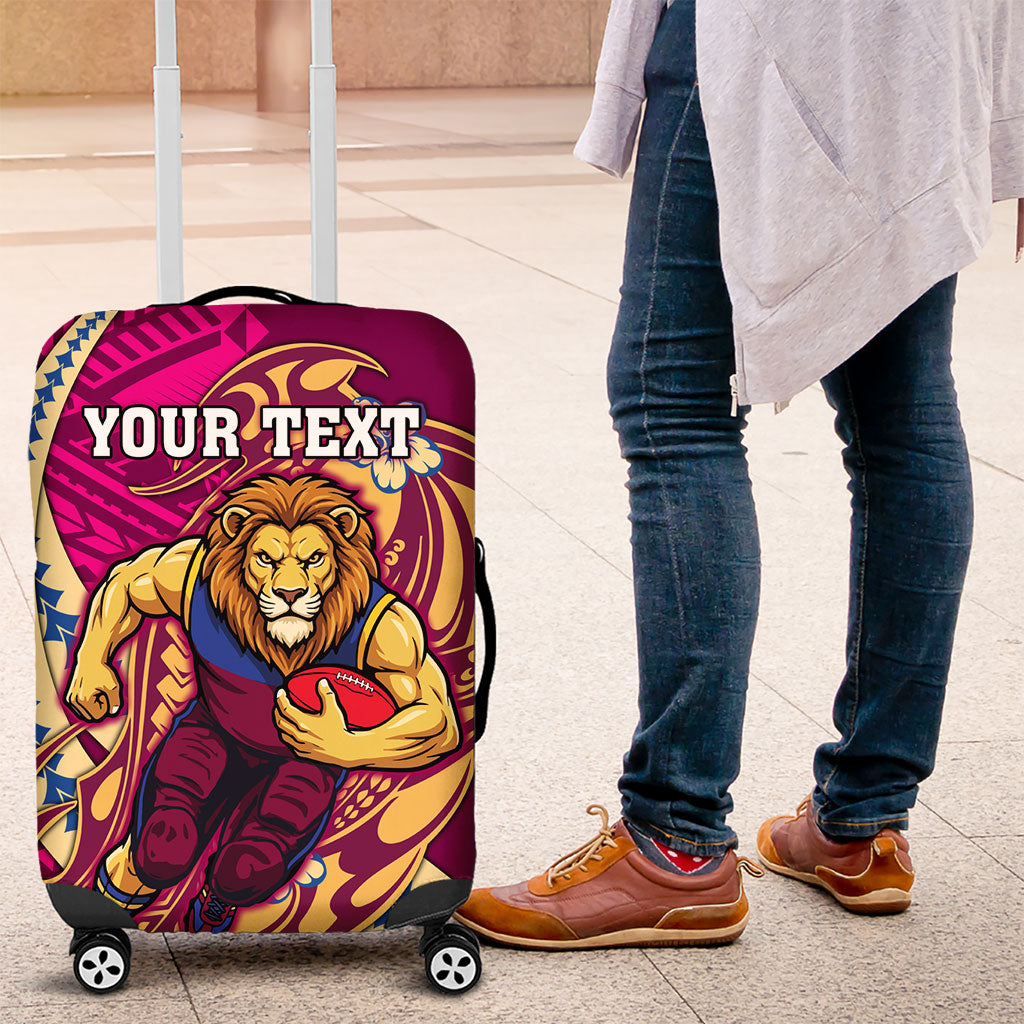 Personalized Brisbane Lions Luggage Cover Polynesian Tribal Lion Mascot With Hibiscus Floral Art