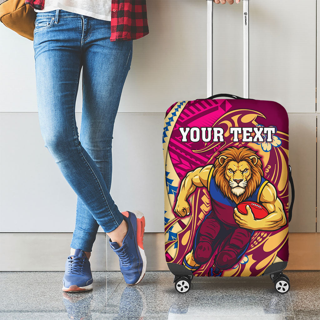 Personalized Brisbane Lions Luggage Cover Polynesian Tribal Lion Mascot With Hibiscus Floral Art