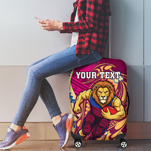 Personalized Brisbane Lions Luggage Cover Polynesian Tribal Lion Mascot With Hibiscus Floral Art