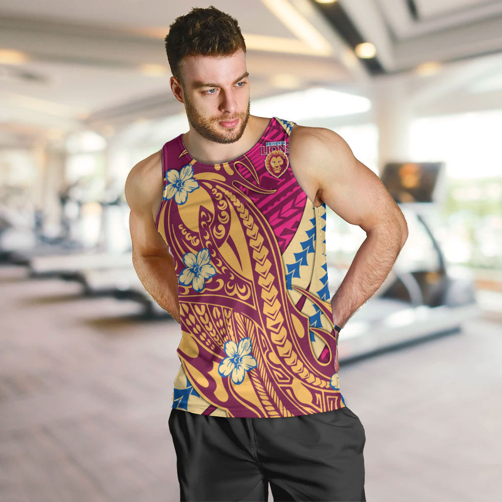 Personalized Brisbane Lions Men Tank Top Polynesian Tribal Lion Mascot With Hibiscus Floral Art