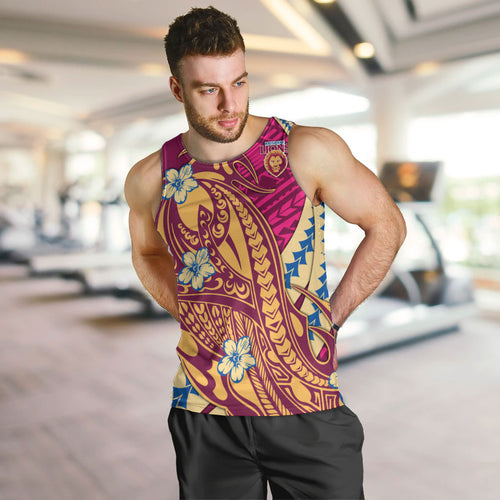 Personalized Brisbane Lions Men Tank Top Polynesian Tribal Lion Mascot With Hibiscus Floral Art