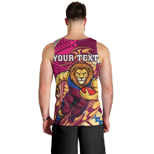 Personalized Brisbane Lions Men Tank Top Polynesian Tribal Lion Mascot With Hibiscus Floral Art