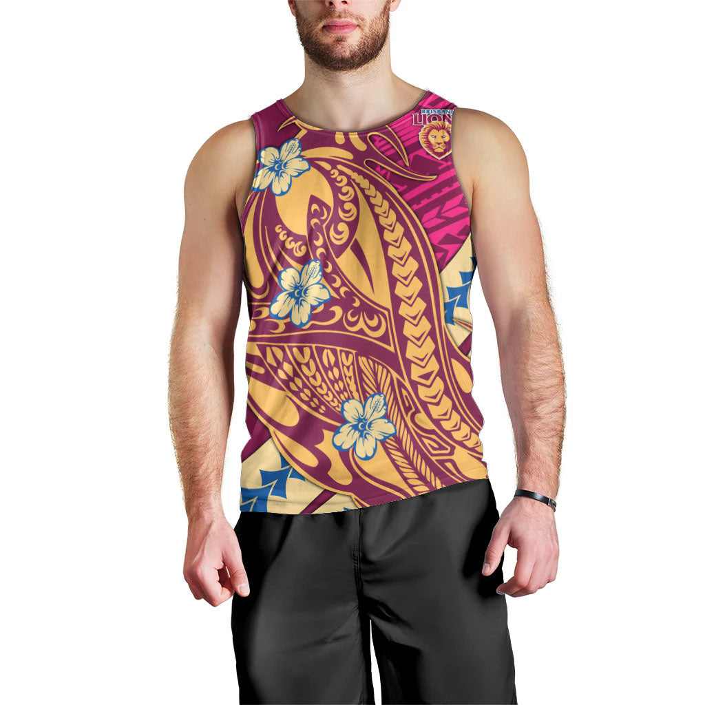 Personalized Brisbane Lions Men Tank Top Polynesian Tribal Lion Mascot With Hibiscus Floral Art