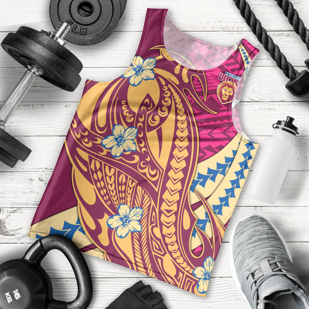 Personalized Brisbane Lions Men Tank Top Polynesian Tribal Lion Mascot With Hibiscus Floral Art