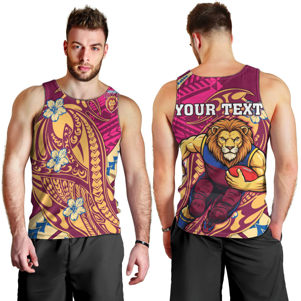 Personalized Brisbane Lions Men Tank Top Polynesian Tribal Lion Mascot With Hibiscus Floral Art