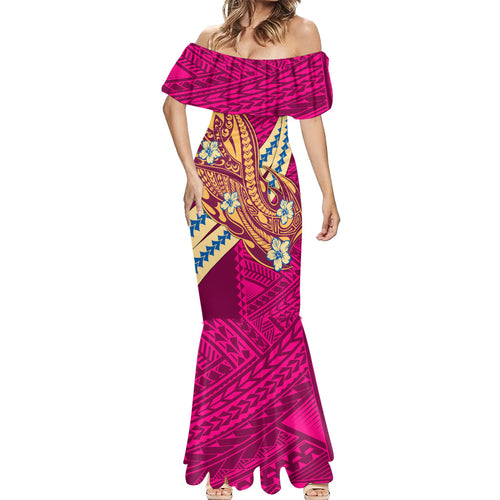 Personalized Brisbane Lions Mermaid Dress Polynesian Tribal Lion Mascot With Hibiscus Floral Art