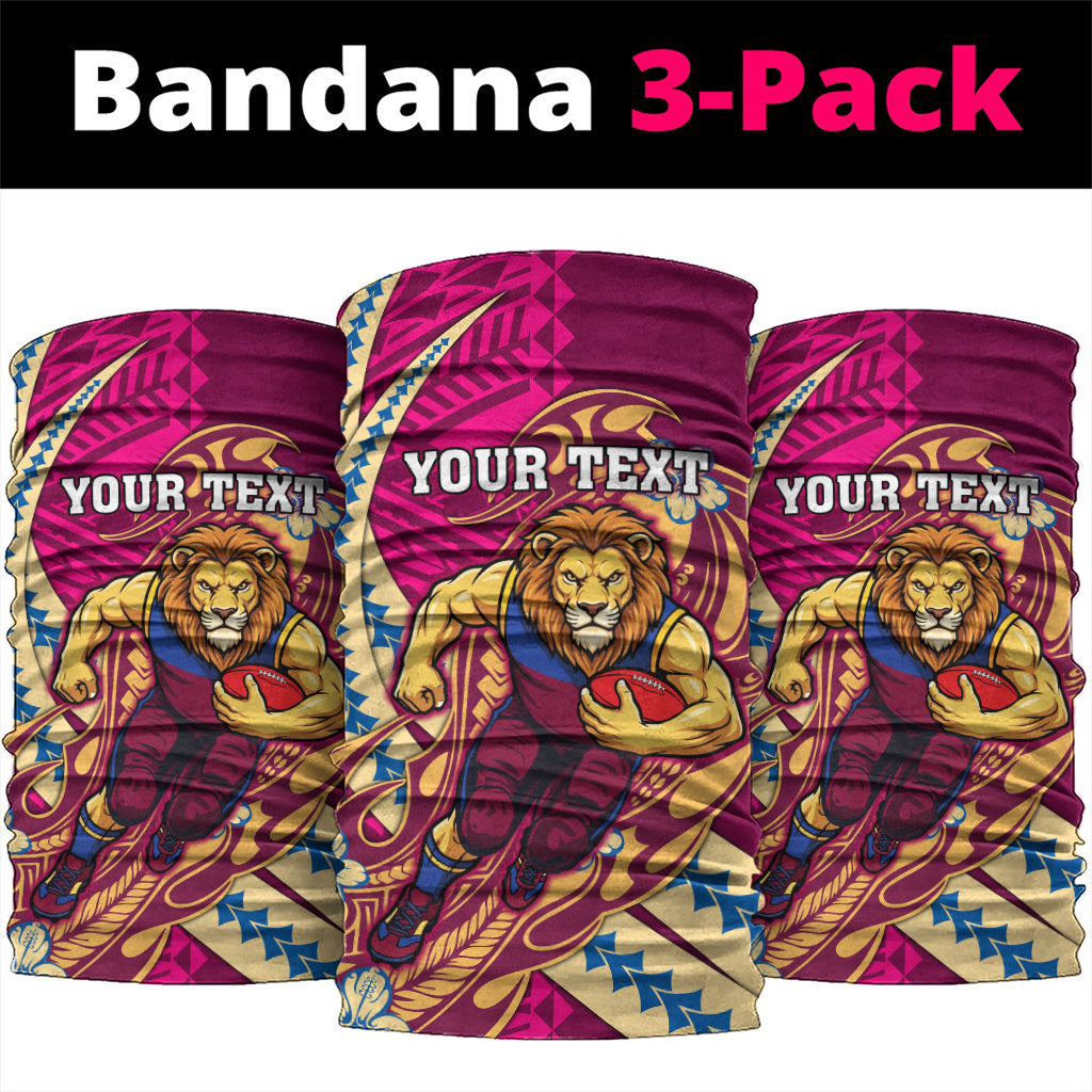 Personalized Brisbane Lions Neck Gaiter Polynesian Tribal Lion Mascot With Hibiscus Floral Art