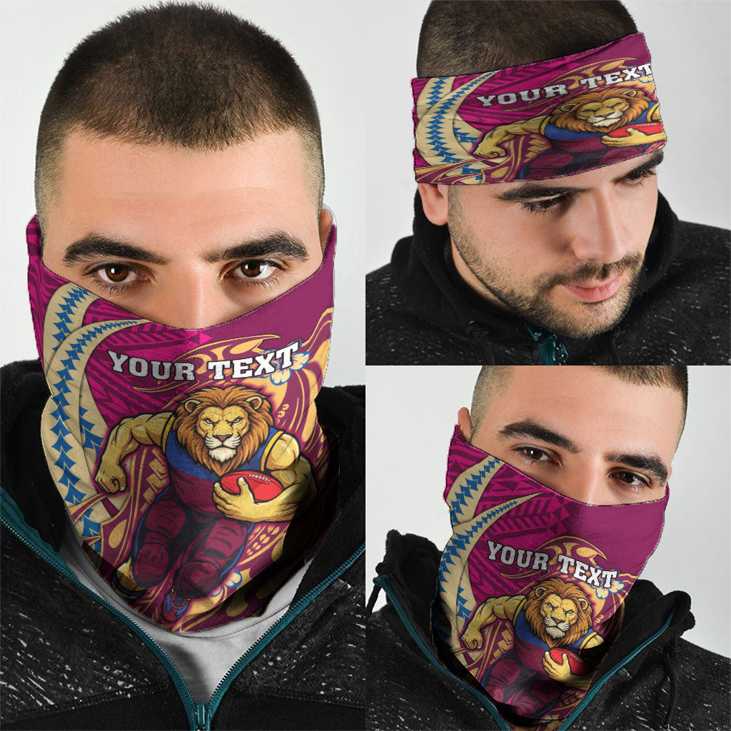 Personalized Brisbane Lions Neck Gaiter Polynesian Tribal Lion Mascot With Hibiscus Floral Art