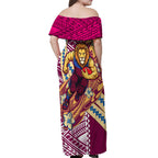 Personalized Brisbane Lions Off Shoulder Maxi Dress Polynesian Tribal Lion Mascot With Hibiscus Floral Art