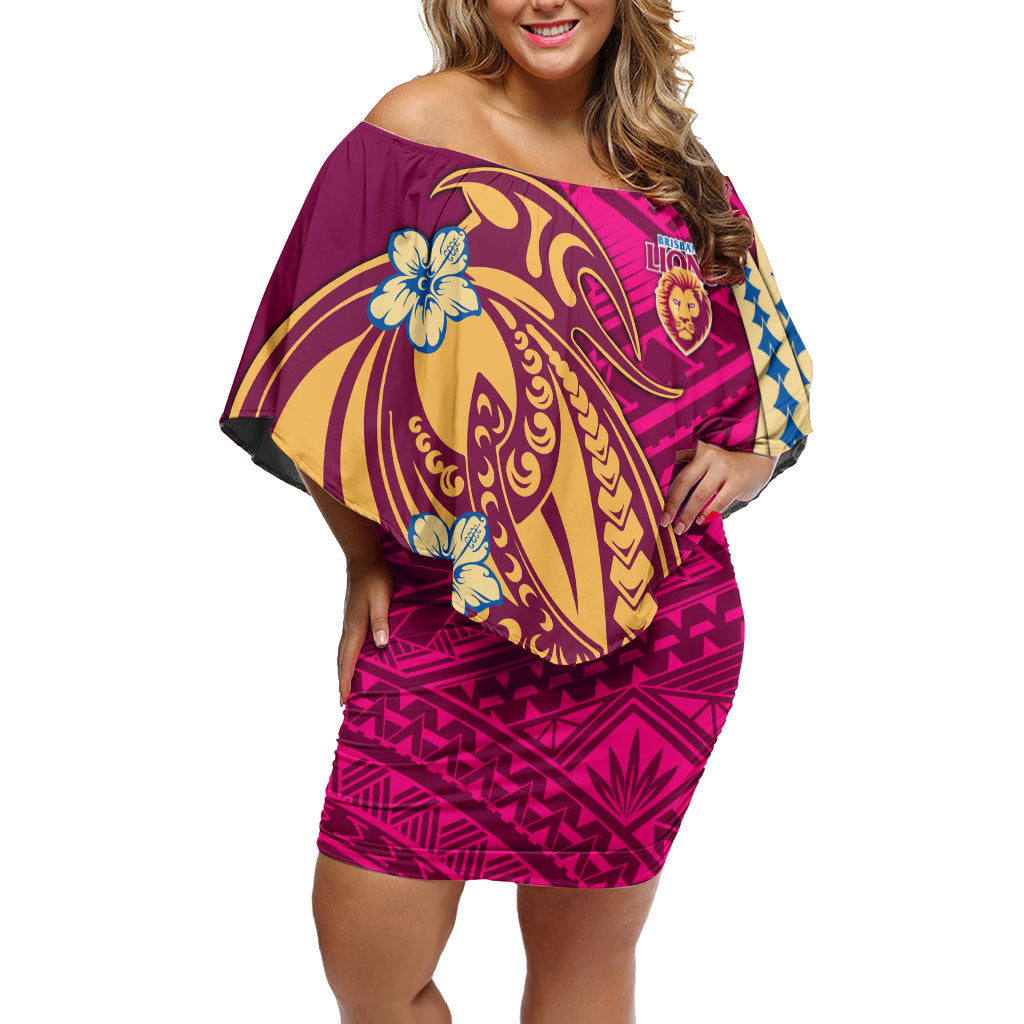 Personalized Brisbane Lions Off Shoulder Short Dress Polynesian Tribal Lion Mascot With Hibiscus Floral Art