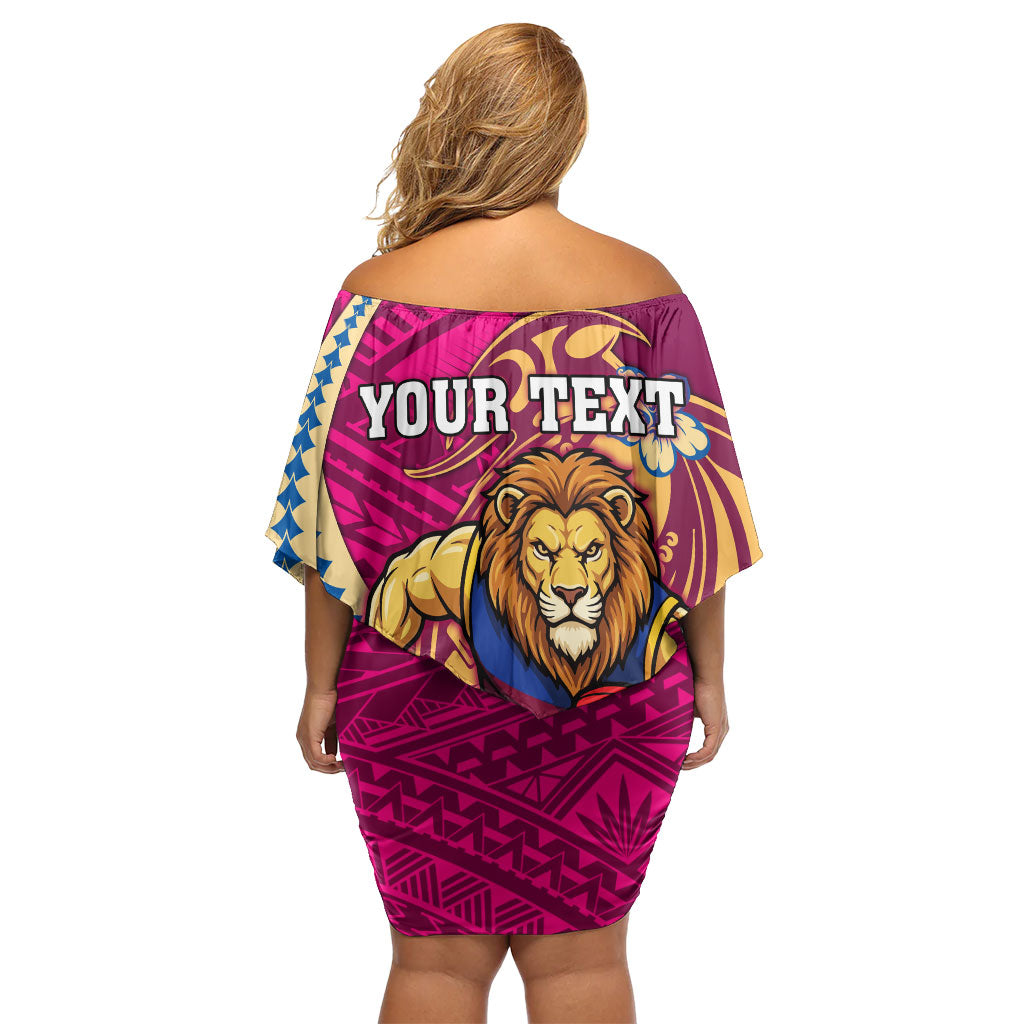Personalized Brisbane Lions Off Shoulder Short Dress Polynesian Tribal Lion Mascot With Hibiscus Floral Art