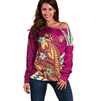 Personalized Brisbane Lions Off Shoulder Sweater Polynesian Tribal Lion Mascot With Hibiscus Floral Art