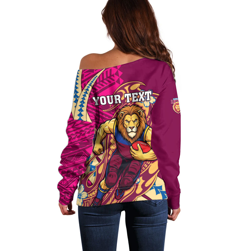 Personalized Brisbane Lions Off Shoulder Sweater Polynesian Tribal Lion Mascot With Hibiscus Floral Art