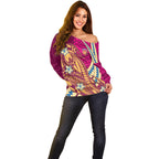 Personalized Brisbane Lions Off Shoulder Sweater Polynesian Tribal Lion Mascot With Hibiscus Floral Art