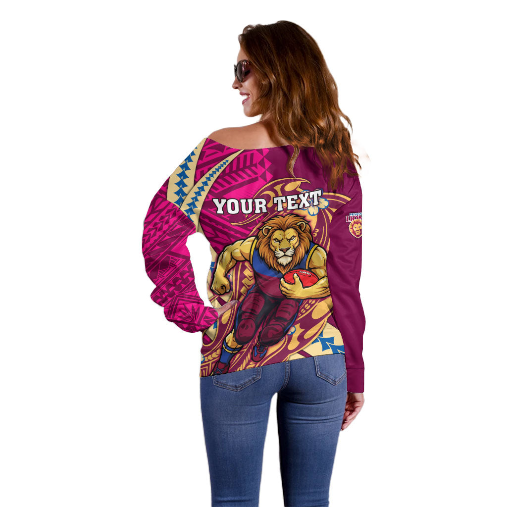 Personalized Brisbane Lions Off Shoulder Sweater Polynesian Tribal Lion Mascot With Hibiscus Floral Art