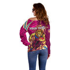 Personalized Brisbane Lions Off Shoulder Sweater Polynesian Tribal Lion Mascot With Hibiscus Floral Art