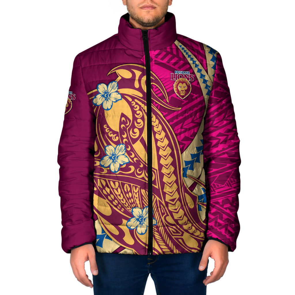 Personalized Brisbane Lions Padded Jacket Polynesian Tribal Lion Mascot With Hibiscus Floral Art