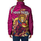 Personalized Brisbane Lions Padded Jacket Polynesian Tribal Lion Mascot With Hibiscus Floral Art