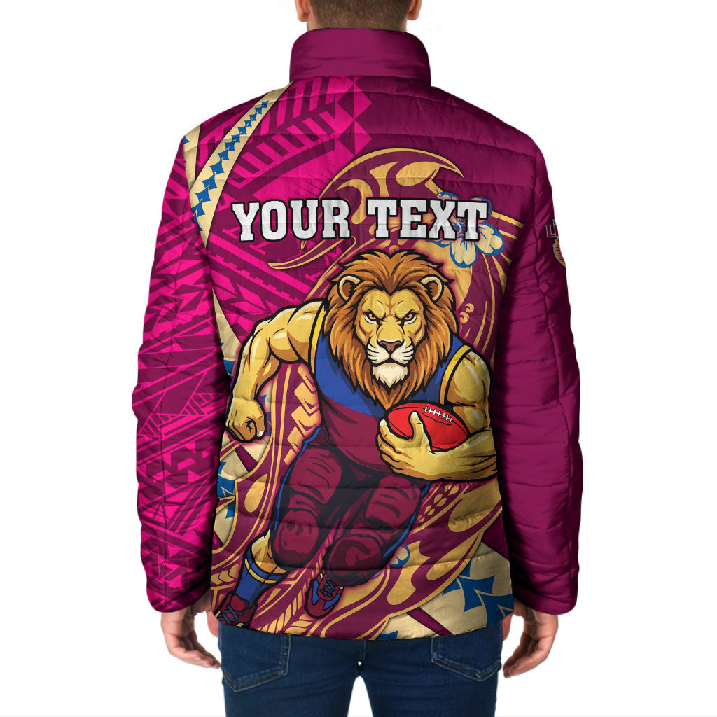Personalized Brisbane Lions Padded Jacket Polynesian Tribal Lion Mascot With Hibiscus Floral Art