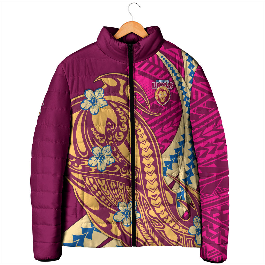 Personalized Brisbane Lions Padded Jacket Polynesian Tribal Lion Mascot With Hibiscus Floral Art