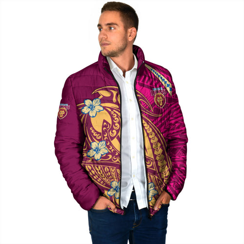 Personalized Brisbane Lions Padded Jacket Polynesian Tribal Lion Mascot With Hibiscus Floral Art