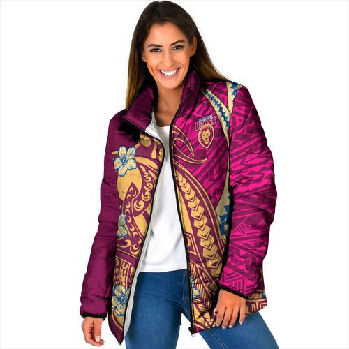 Personalized Brisbane Lions Padded Jacket Polynesian Tribal Lion Mascot With Hibiscus Floral Art