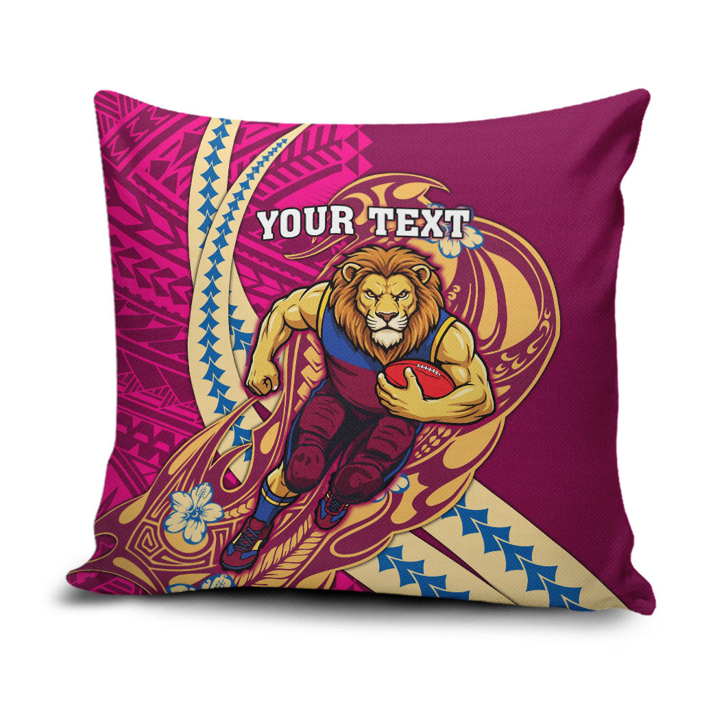 Personalized Brisbane Lions Pillow Cover Polynesian Tribal Lion Mascot With Hibiscus Floral Art