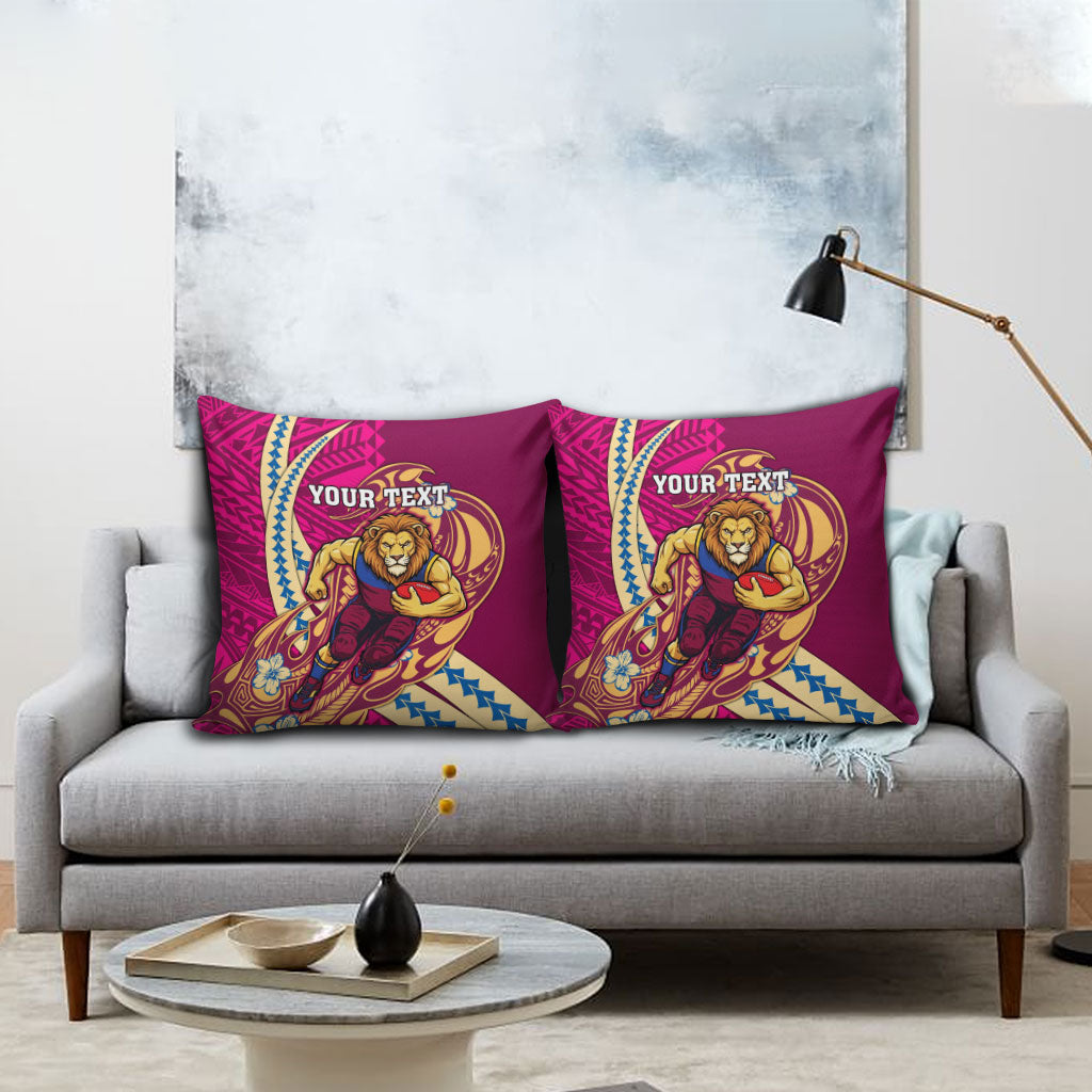 Personalized Brisbane Lions Pillow Cover Polynesian Tribal Lion Mascot With Hibiscus Floral Art