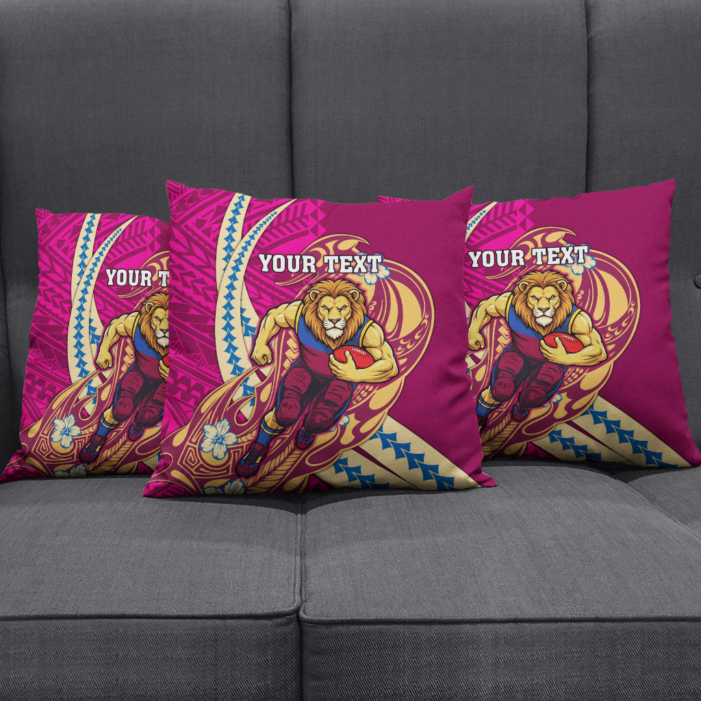 Personalized Brisbane Lions Pillow Cover Polynesian Tribal Lion Mascot With Hibiscus Floral Art