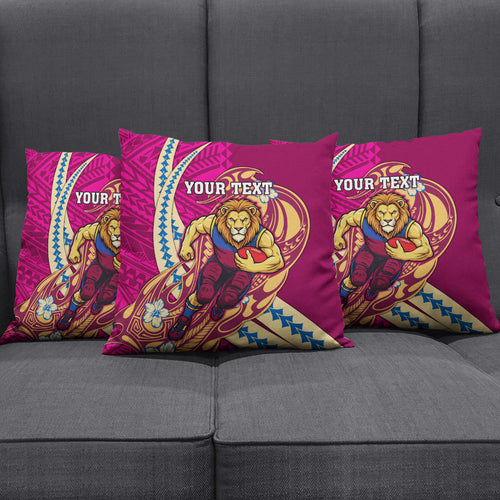 Personalized Brisbane Lions Pillow Cover Polynesian Tribal Lion Mascot With Hibiscus Floral Art